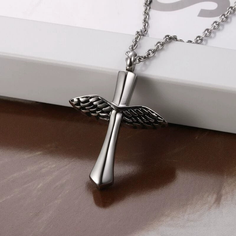 Cremation Urn Necklace Angel Wings of Cross Pendant for Ashes-A002