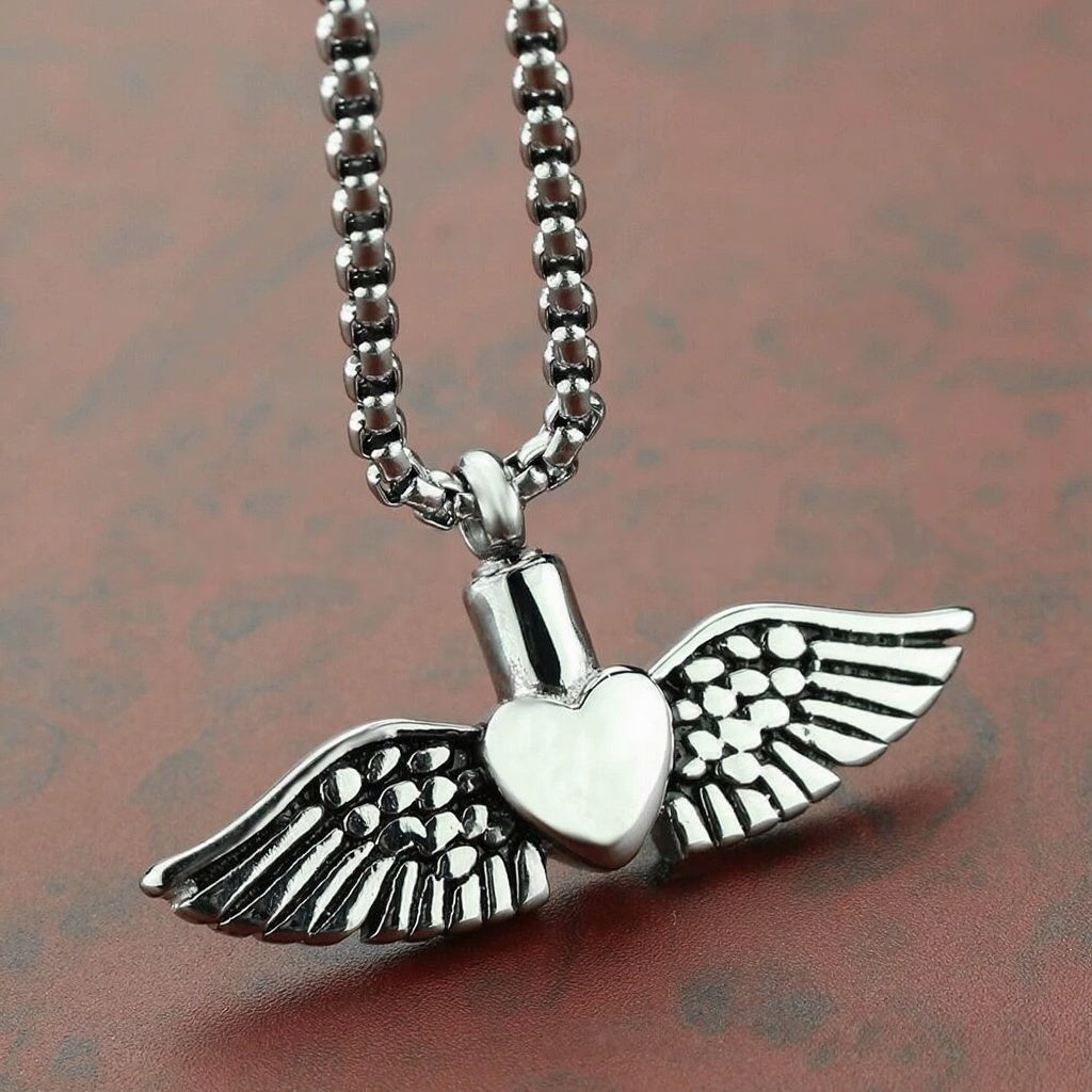 Cremation Urn Necklace Heart With Wings Pendant Memorial Jewelry-A032