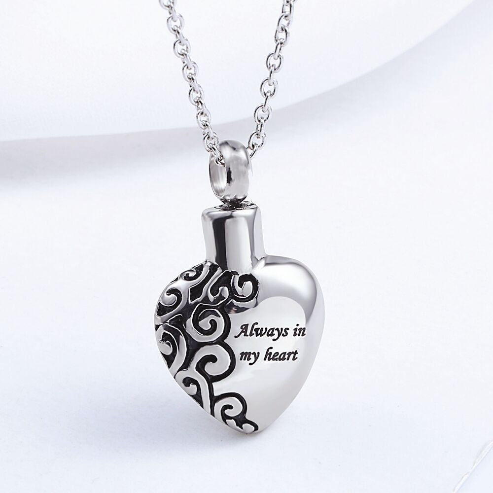 Heart-shaped Cremation Urn Heart Necklace "Always in My Heart" Memorial Jewelry-A028