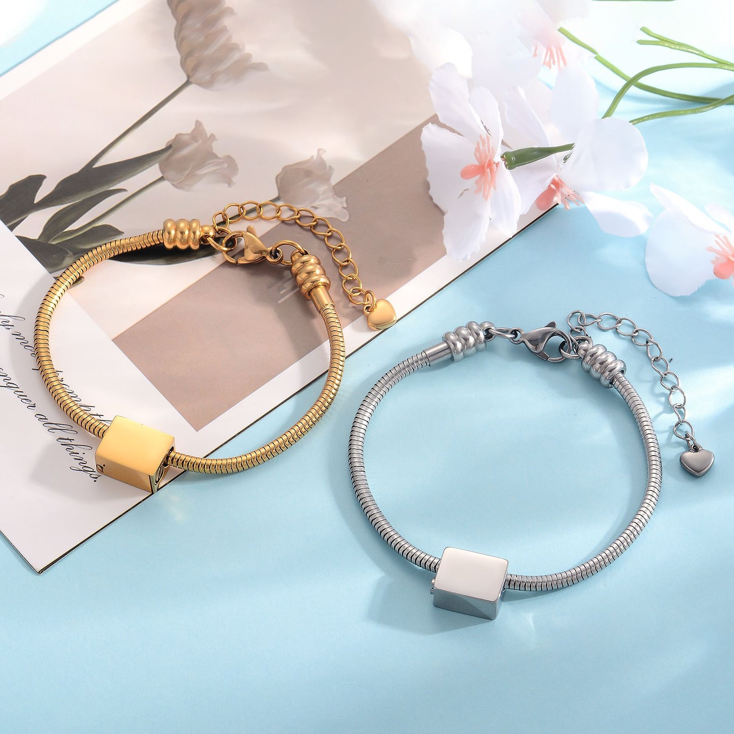 Custom Cremation Urn Square Charm Bracelet Compatible with Pandora-A057