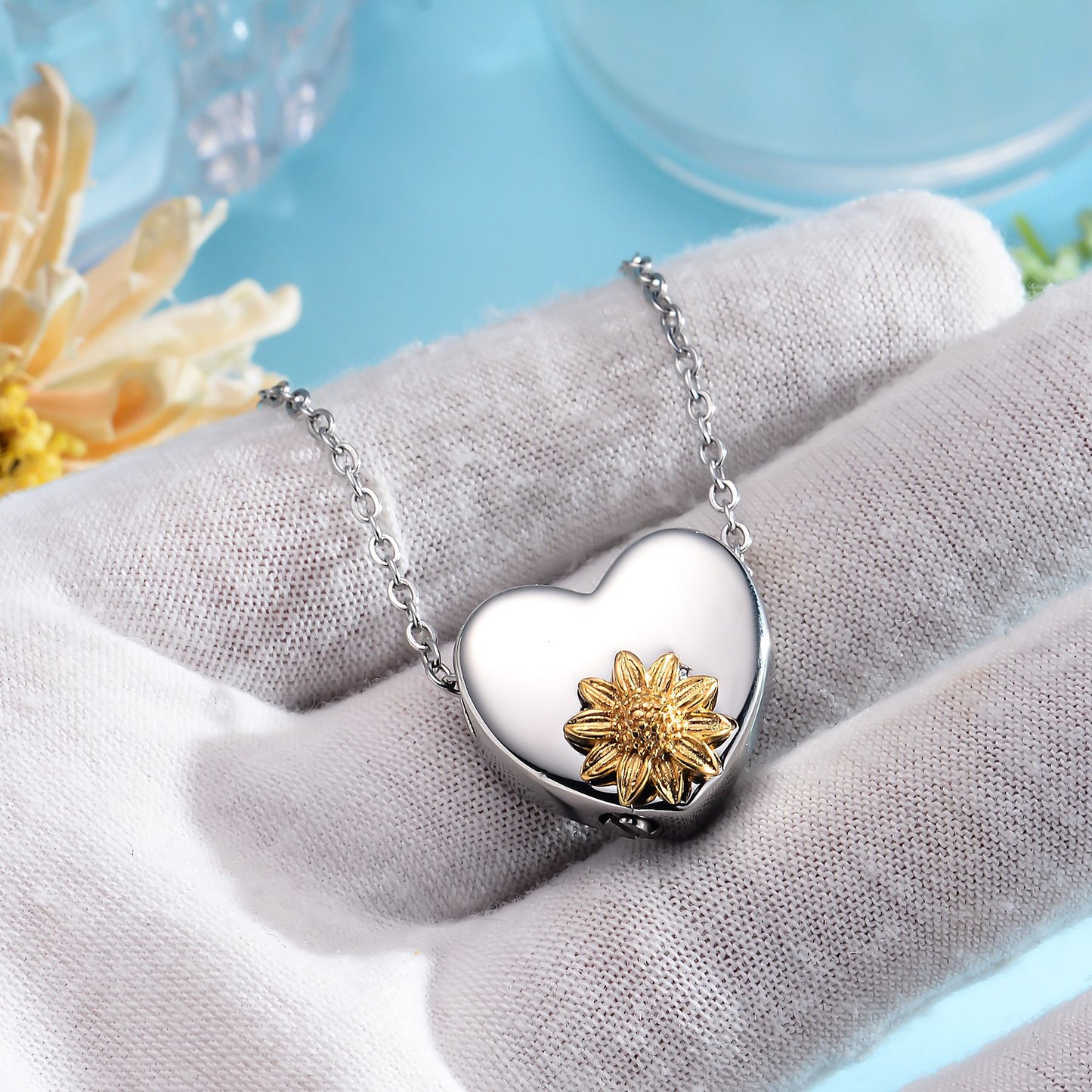 Cremation Urn Necklace Sunflower Pendant Memorial Jewelry-A052