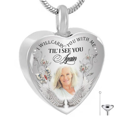 Custom Photo Cremation Urn Necklace Memorial Jewelry for Ashes "I Will Carry You With Me” -N001-URN